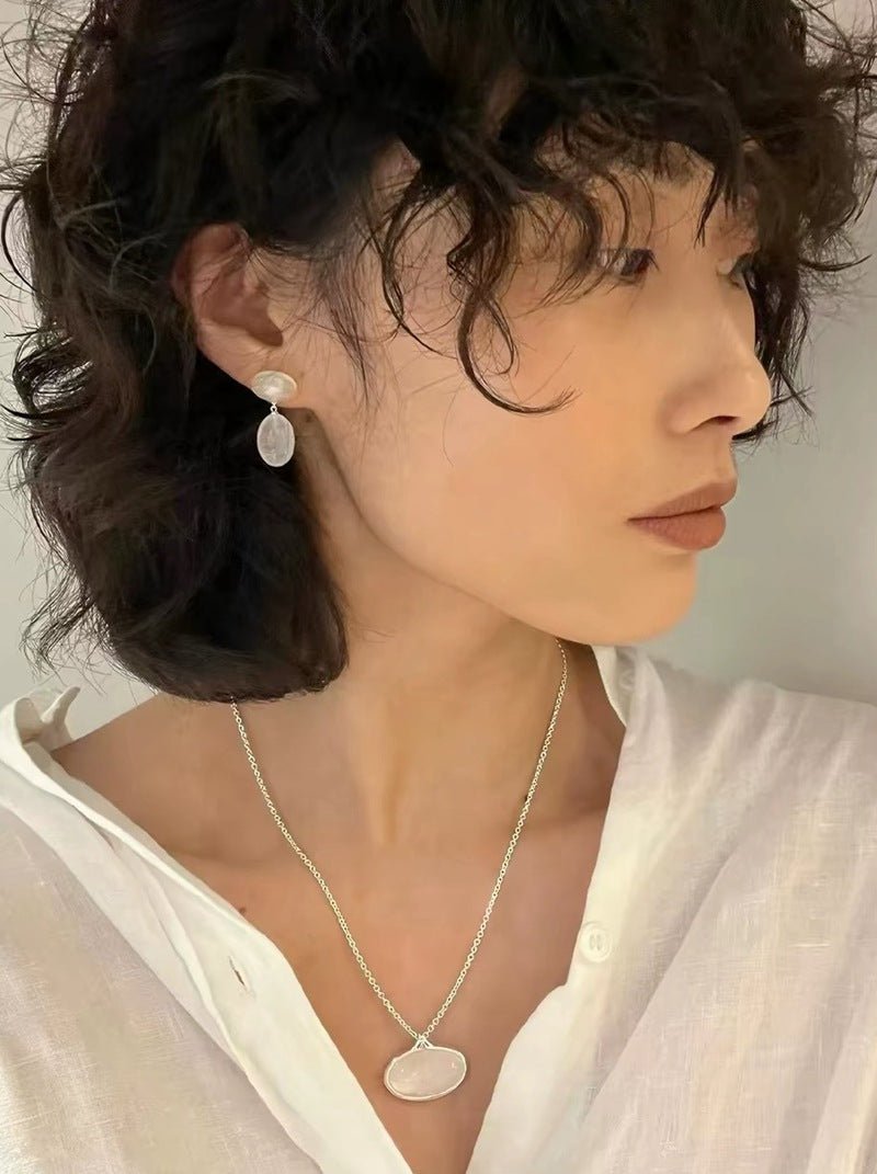 Layered Oval Clear Quartz Drop Earrings - floysun