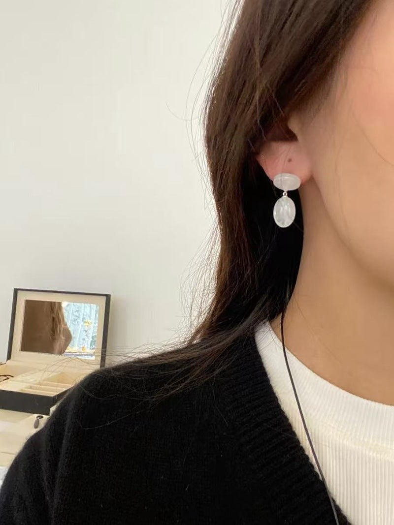 Layered Oval Clear Quartz Drop Earrings - floysun