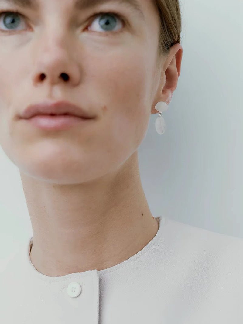 Layered Oval Clear Quartz Drop Earrings - floysun