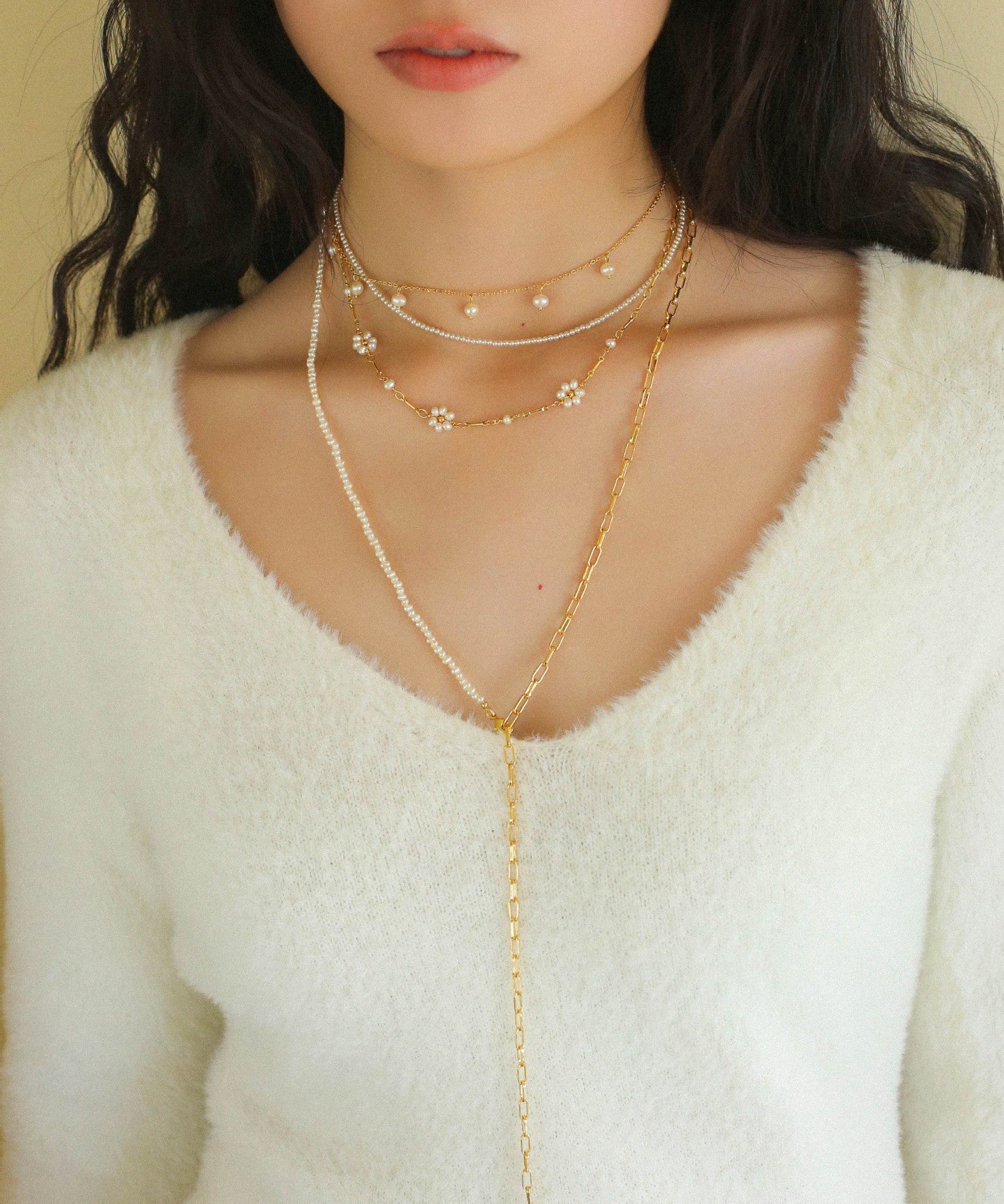 Layered Pearl and Chains Necklace Type A - floysun