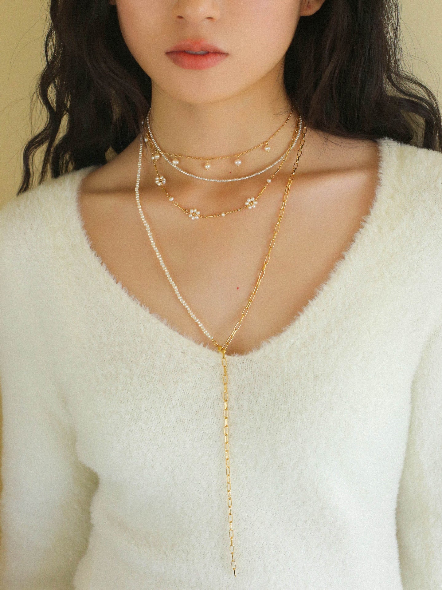 Layered Pearl and Chains Necklace Type A - floysun