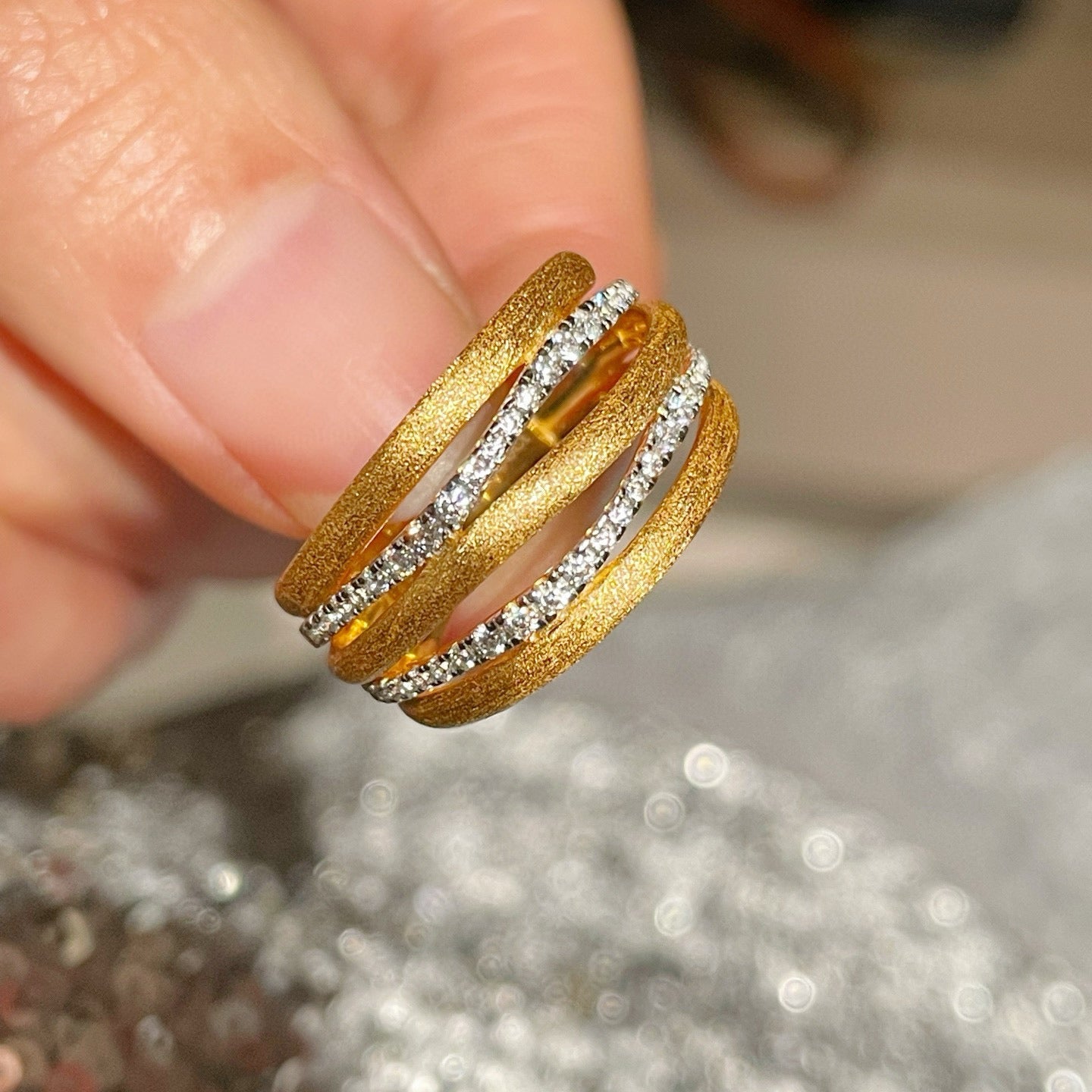 LinAura Brushed Pavé Ring – Openwork Gold Band - floysun