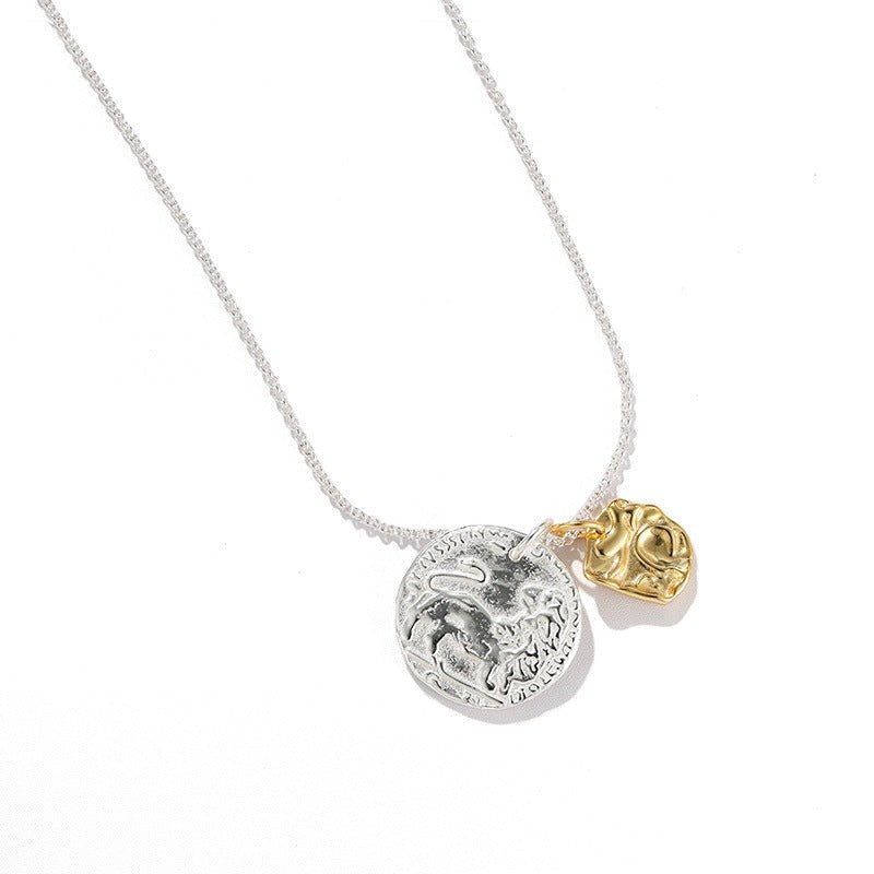 Lion Coin & Molten Charm Necklace | Vintage Two-Tone Pendant Necklace - floysun