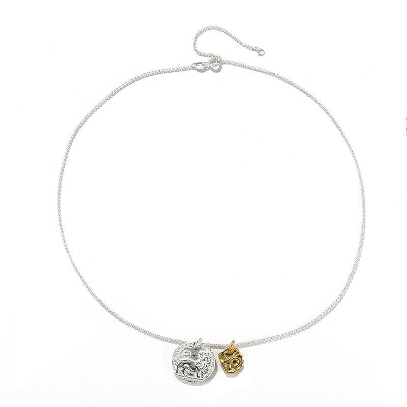 Lion Coin & Molten Charm Necklace | Vintage Two-Tone Pendant Necklace - floysun