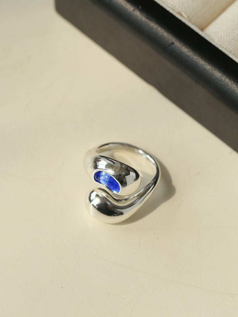 Liquid Light Teardrop Crossover Ring – Silver & Blue Glass - floysun