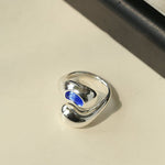Liquid Light Teardrop Crossover Ring – Silver & Blue Glass - floysun