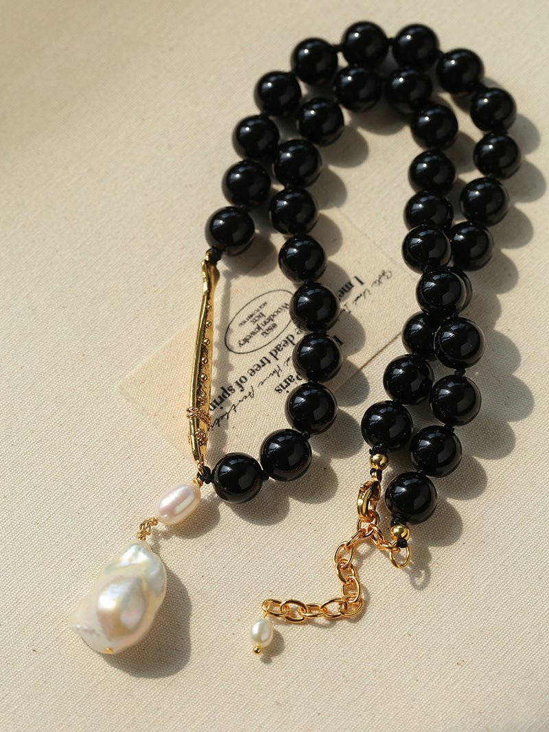 Little Fish Black Onyx & Baroque Pearl Necklace - floysun