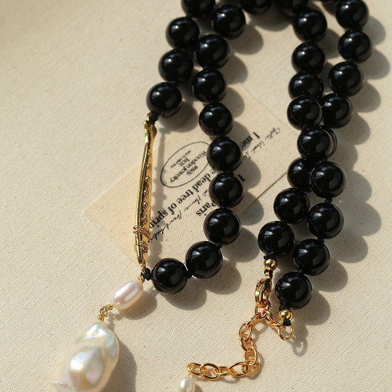 Little Fish Black Onyx & Baroque Pearl Necklace - floysun