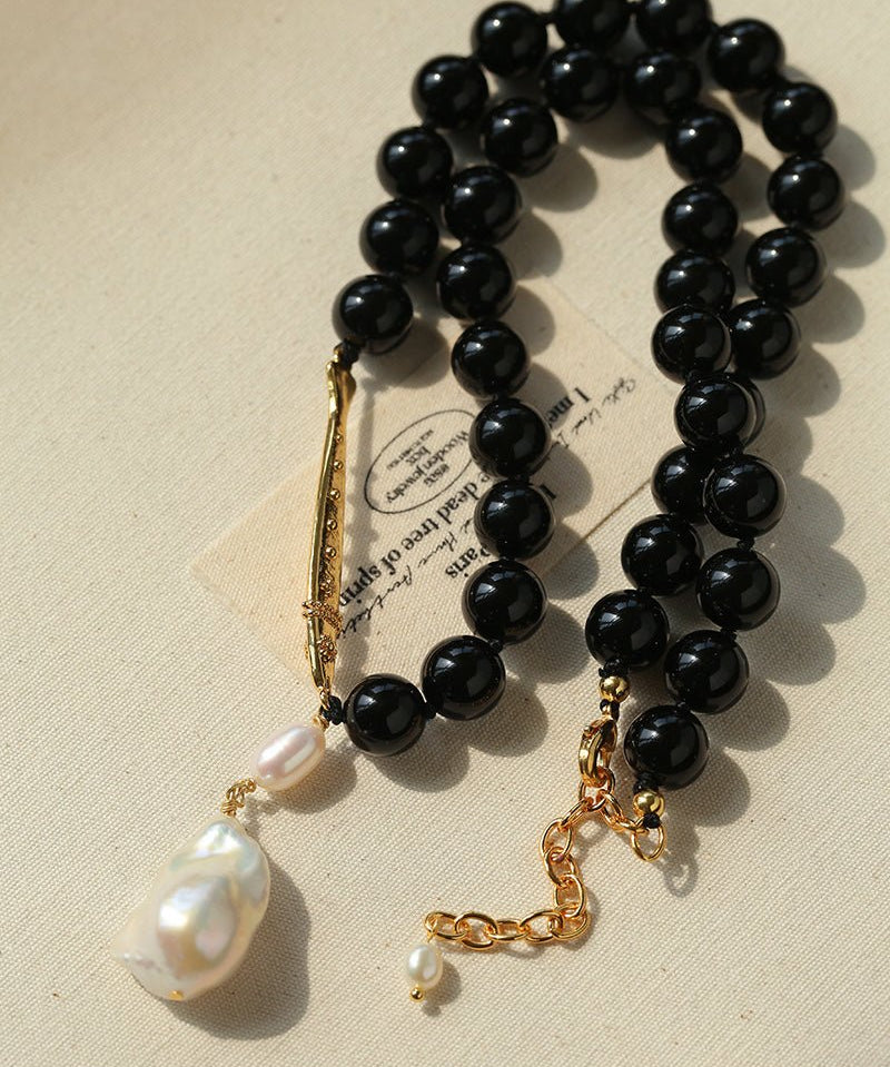 Little Fish Black Onyx & Baroque Pearl Necklace - floysun