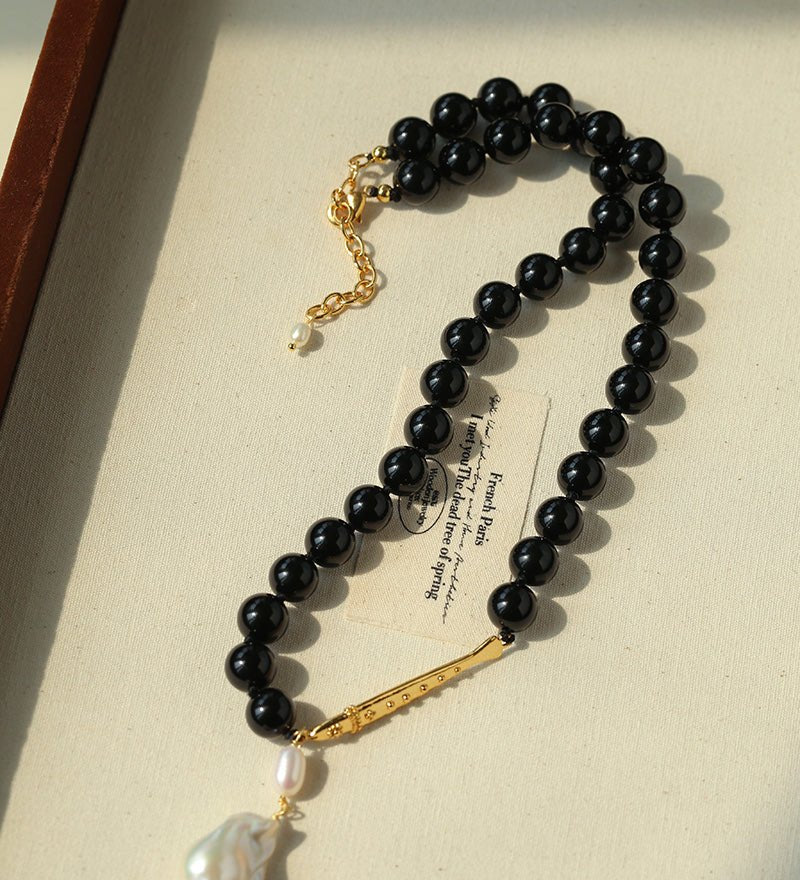 Little Fish Black Onyx & Baroque Pearl Necklace - floysun