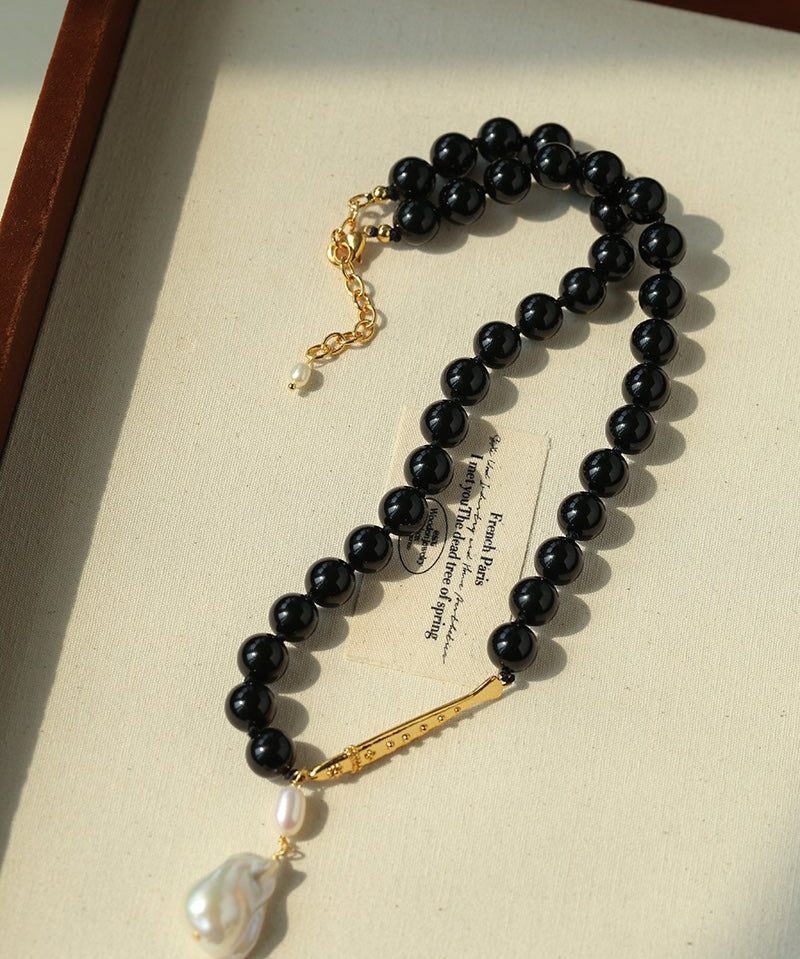 Little Fish Black Onyx & Baroque Pearl Necklace - floysun