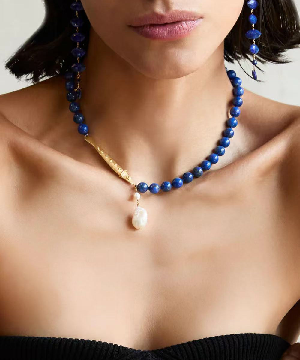 Little Fish Lapis Lazuli & Baroque Pearl Necklace - floysun