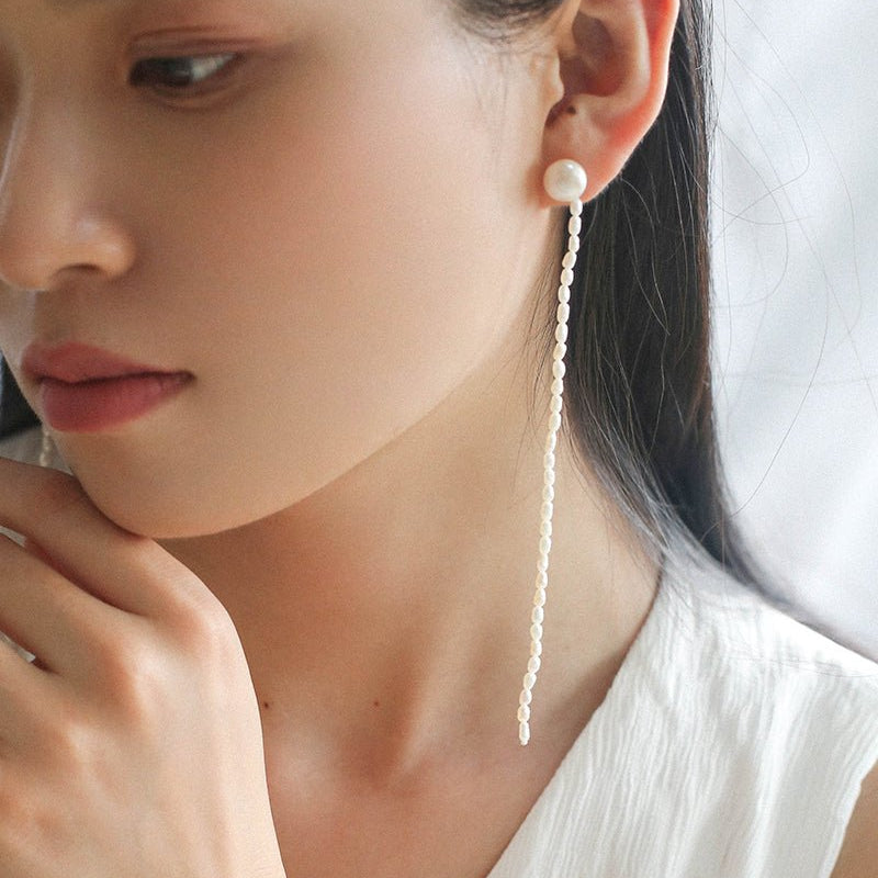 Long Aurora Freshwater Pearl Tassel Earrings - floysun
