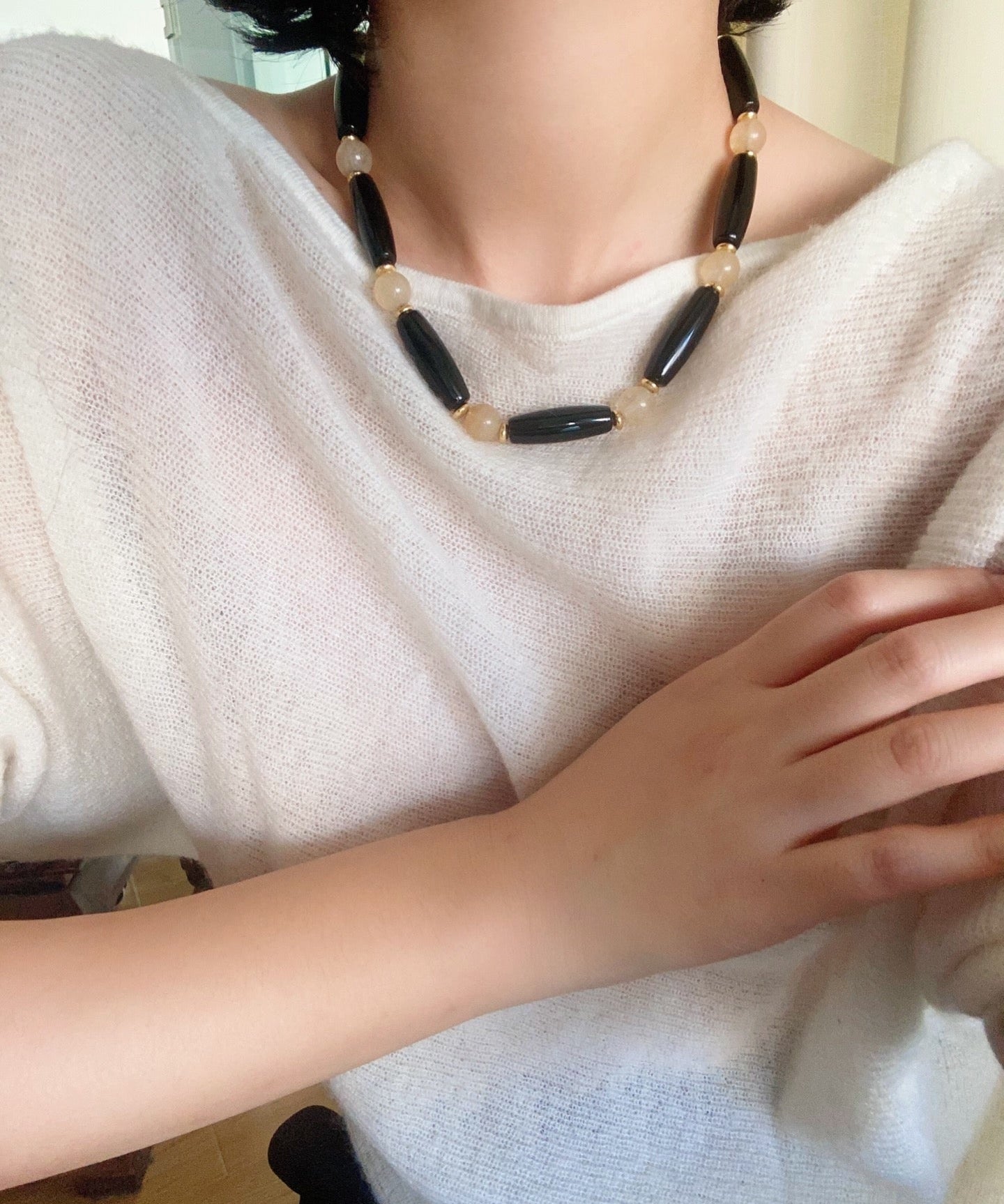 Long Black Agate & Yellow Watermelon Crystal Beaded Necklace - floysun