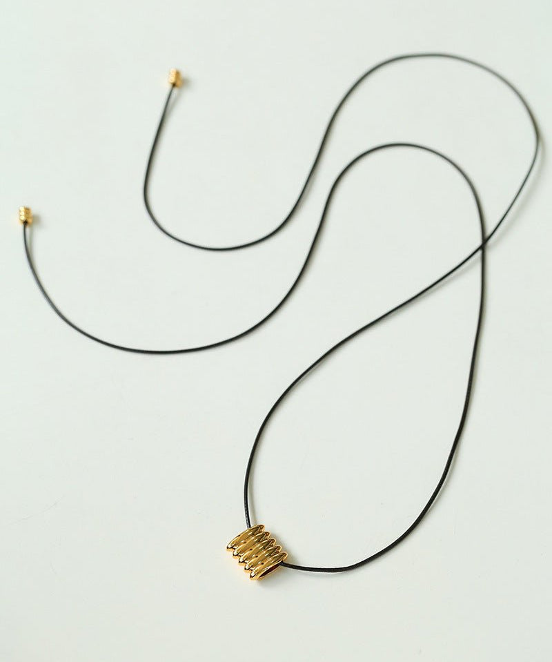 Long Black Leather Necklace with Striped Geometric Pendant - floysun