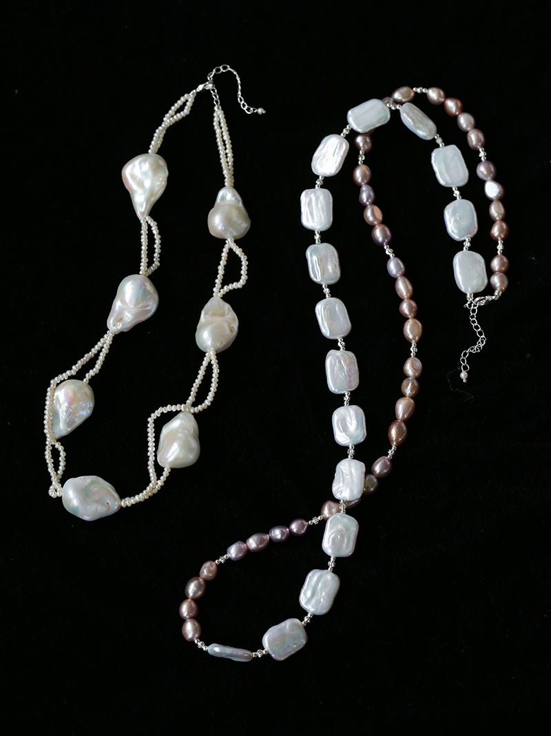 Long Pearl Necklace with Pink - Purple Beads & Square Baroque Pearls | Soft Gradient Chic - floysun