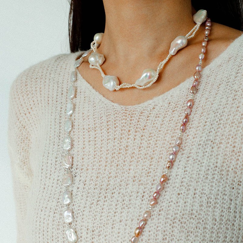 Long Pearl Necklace with Pink - Purple Beads & Square Baroque Pearls | Soft Gradient Chic - floysun