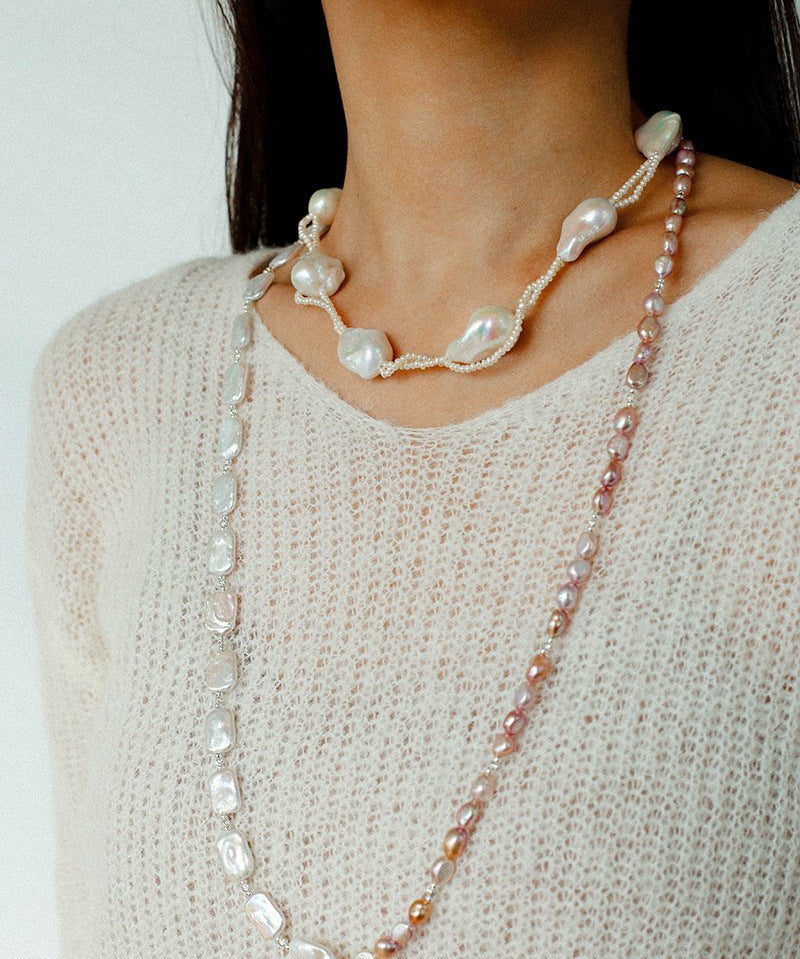 Long Pearl Necklace with Pink - Purple Beads & Square Baroque Pearls | Soft Gradient Chic - floysun