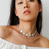 Long Pearl Necklace with Pink - Purple Beads & Square Baroque Pearls | Soft Gradient Chic - floysun