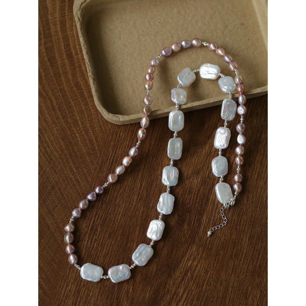 Long Pearl Necklace with Pink-Purple Beads & Square Baroque Pearls | Soft Gradient Chic - floysun