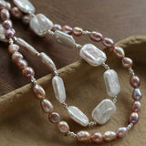 Long Pearl Necklace with Pink - Purple Beads & Square Baroque Pearls | Soft Gradient Chic - floysun