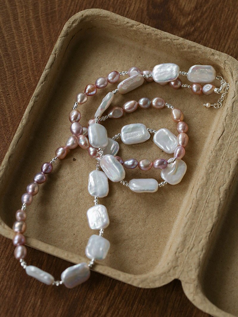 Long Pearl Necklace with Pink - Purple Beads & Square Baroque Pearls | Soft Gradient Chic - floysun