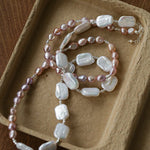 Long Pearl Necklace with Pink - Purple Beads & Square Baroque Pearls | Soft Gradient Chic - floysun