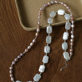 Long Pearl Necklace with Pink - Purple Beads & Square Baroque Pearls | Soft Gradient Chic - floysun