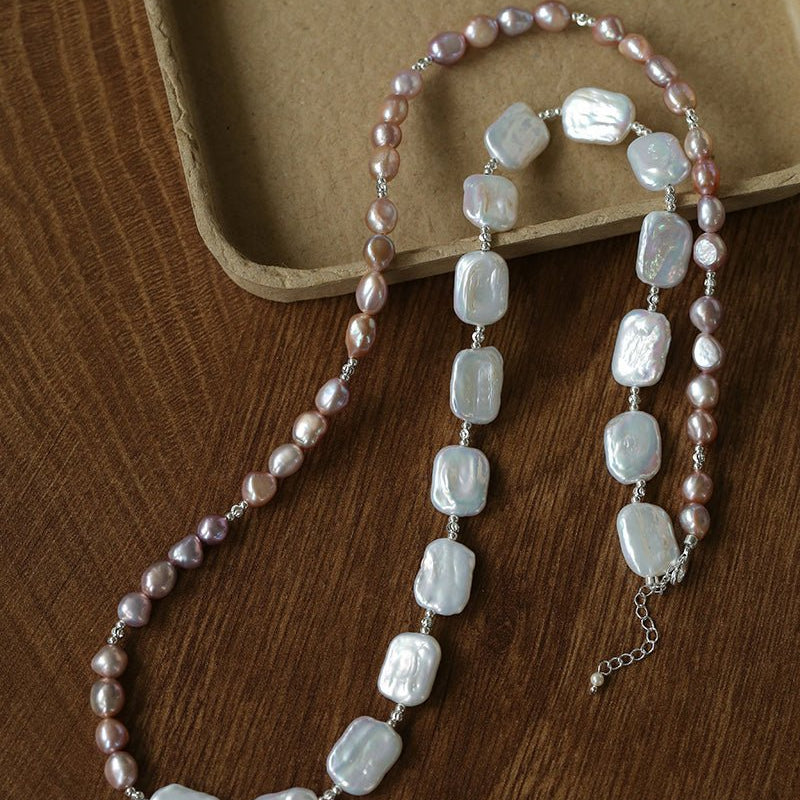 Long Pearl Necklace with Pink - Purple Beads & Square Baroque Pearls | Soft Gradient Chic - floysun
