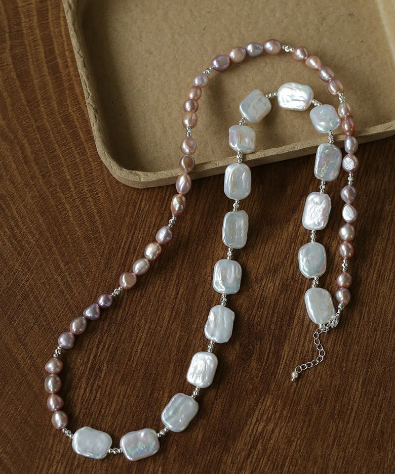 Long Pearl Necklace with Pink - Purple Beads & Square Baroque Pearls | Soft Gradient Chic - floysun