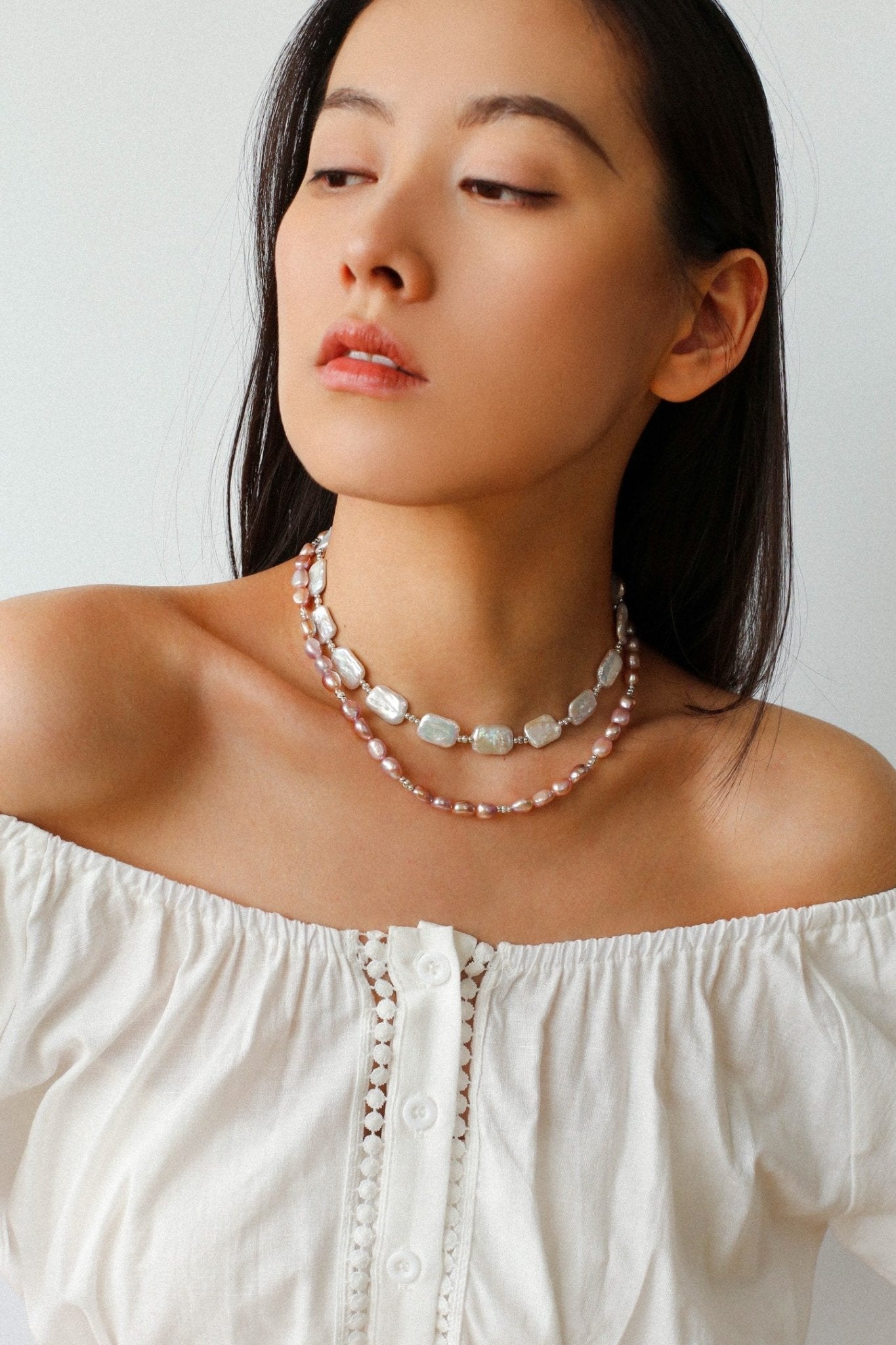 Long Pearl Necklace with Pink - Purple Beads & Square Baroque Pearls | Soft Gradient Chic - floysun