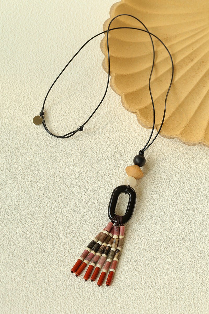 Long Tassel Necklace with Obsidian, Rose Stone & Wood Beads - floysun