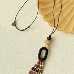 Long Tassel Necklace with Obsidian, Rose Stone & Wood Beads - floysun