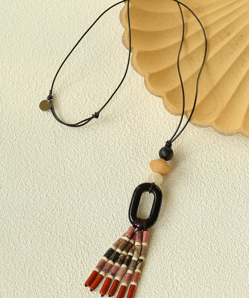 Long Tassel Necklace with Obsidian, Rose Stone & Wood Beads - floysun