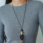 Long Tassel Necklace with Obsidian, Rose Stone & Wood Beads - floysun