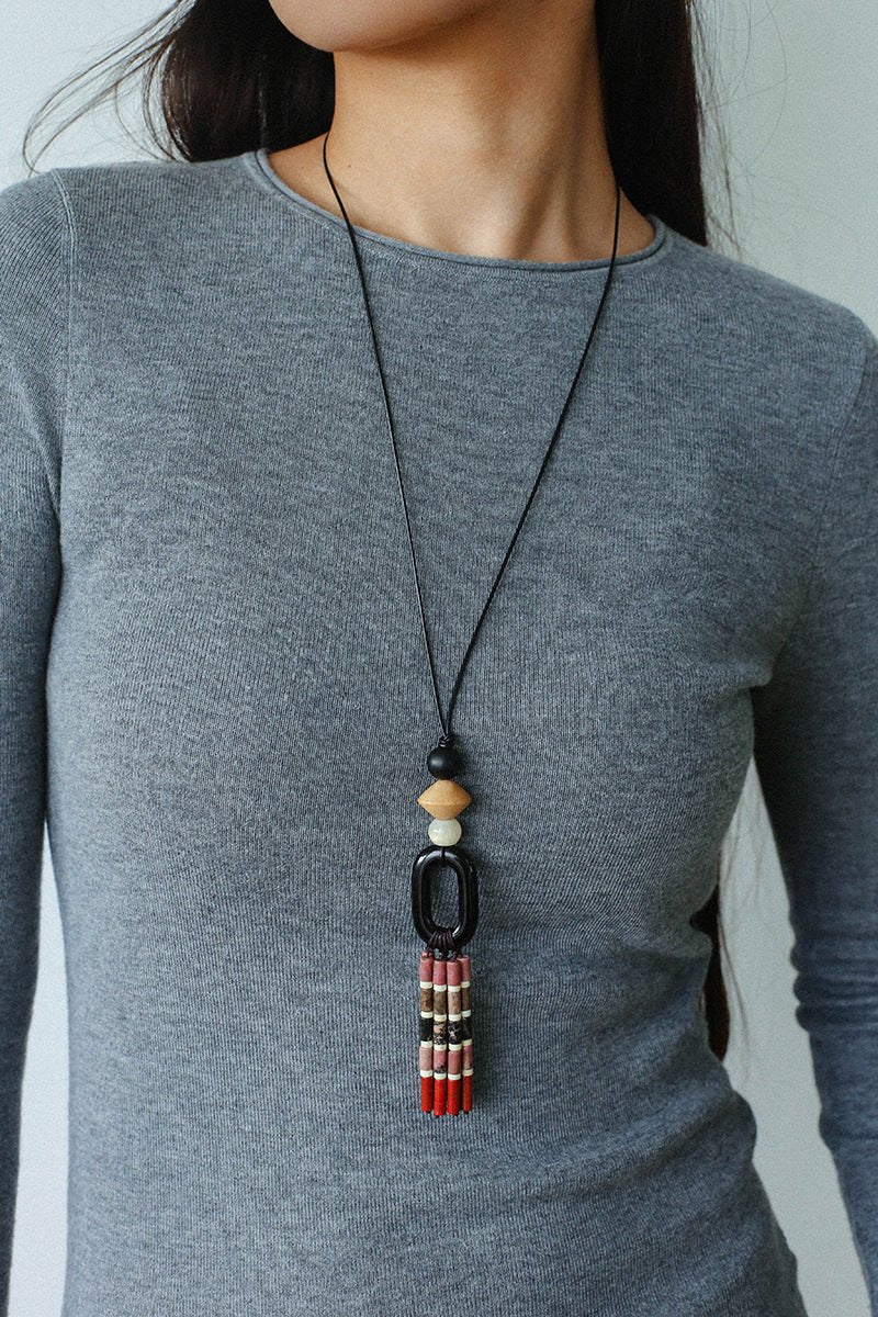 Long Tassel Necklace with Obsidian, Rose Stone & Wood Beads - floysun