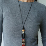 Long Tassel Necklace with Obsidian, Rose Stone & Wood Beads - floysun
