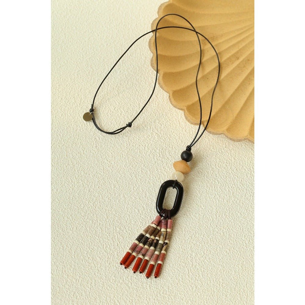 Long Tassel Necklace with Obsidian, Rose Stone & Wood Beads - floysun