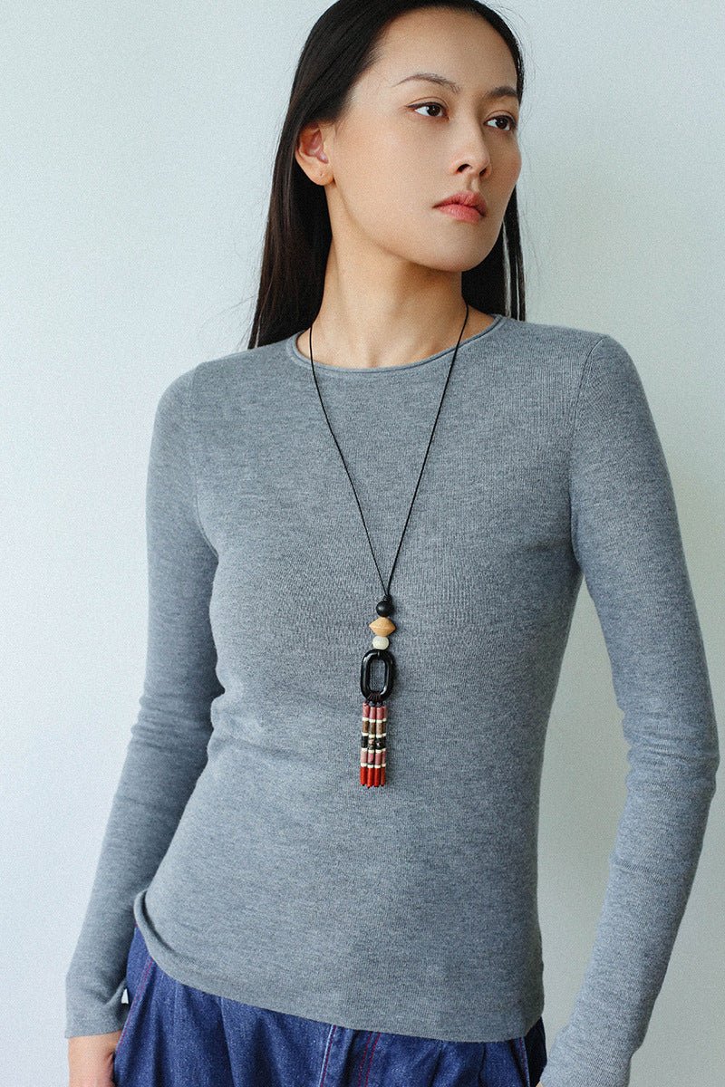 Long Tassel Necklace with Obsidian, Rose Stone & Wood Beads - floysun