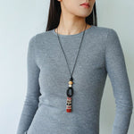 Long Tassel Necklace with Obsidian, Rose Stone & Wood Beads - floysun