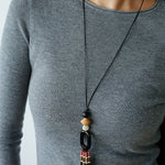 Long Tassel Necklace with Obsidian, Rose Stone & Wood Beads - floysun