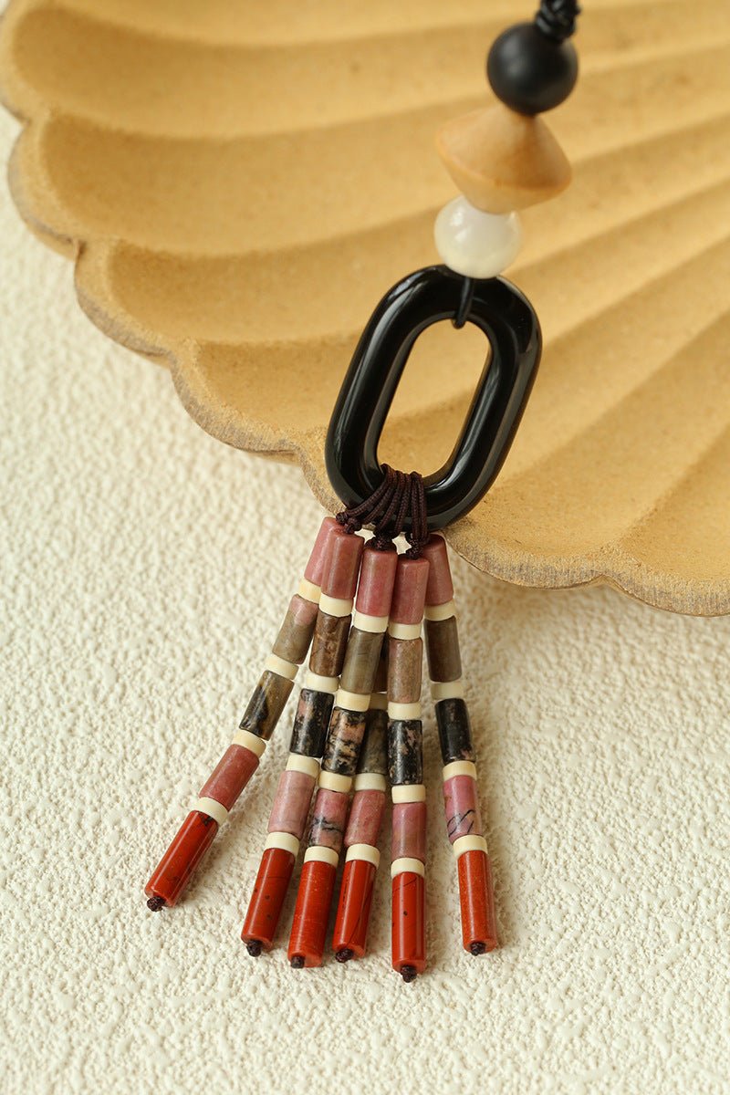 Long Tassel Necklace with Obsidian, Rose Stone & Wood Beads - floysun