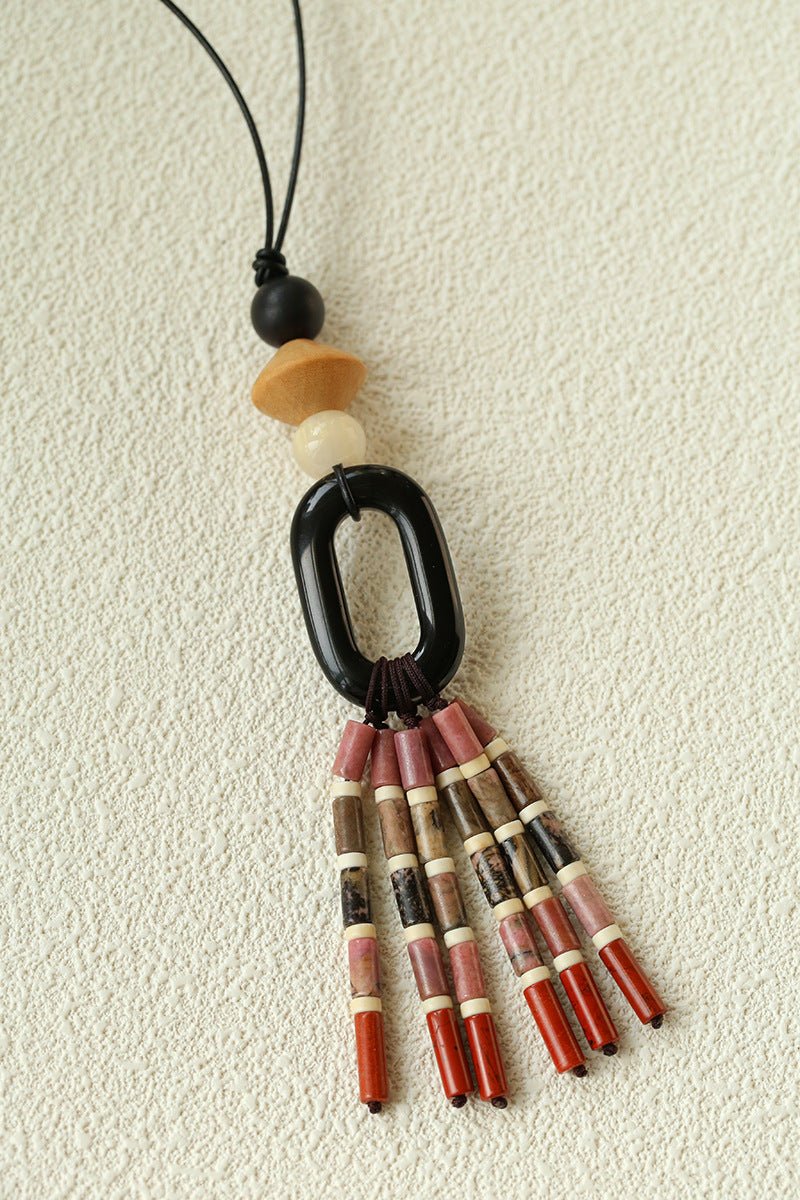 Long Tassel Necklace with Obsidian, Rose Stone & Wood Beads - floysun