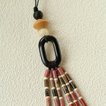 Long Tassel Necklace with Obsidian, Rose Stone & Wood Beads - floysun