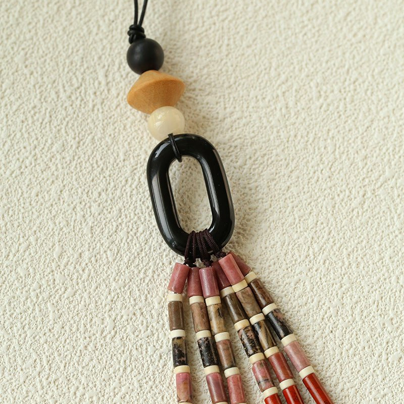 Long Tassel Necklace with Obsidian, Rose Stone & Wood Beads - floysun