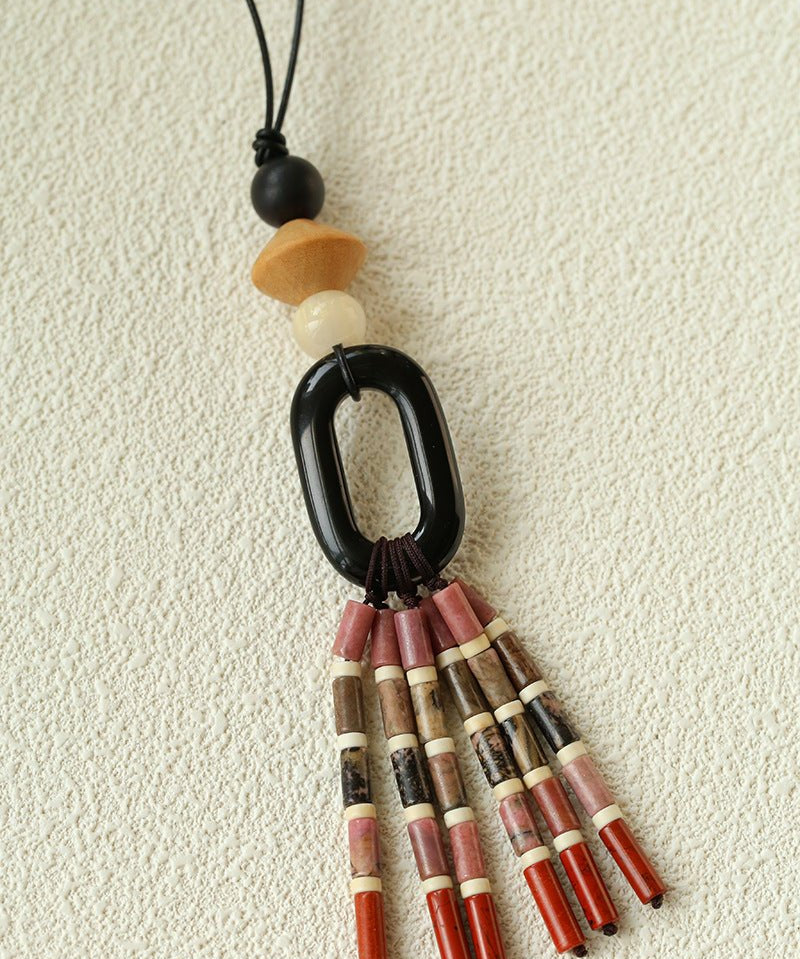 Long Tassel Necklace with Obsidian, Rose Stone & Wood Beads - floysun