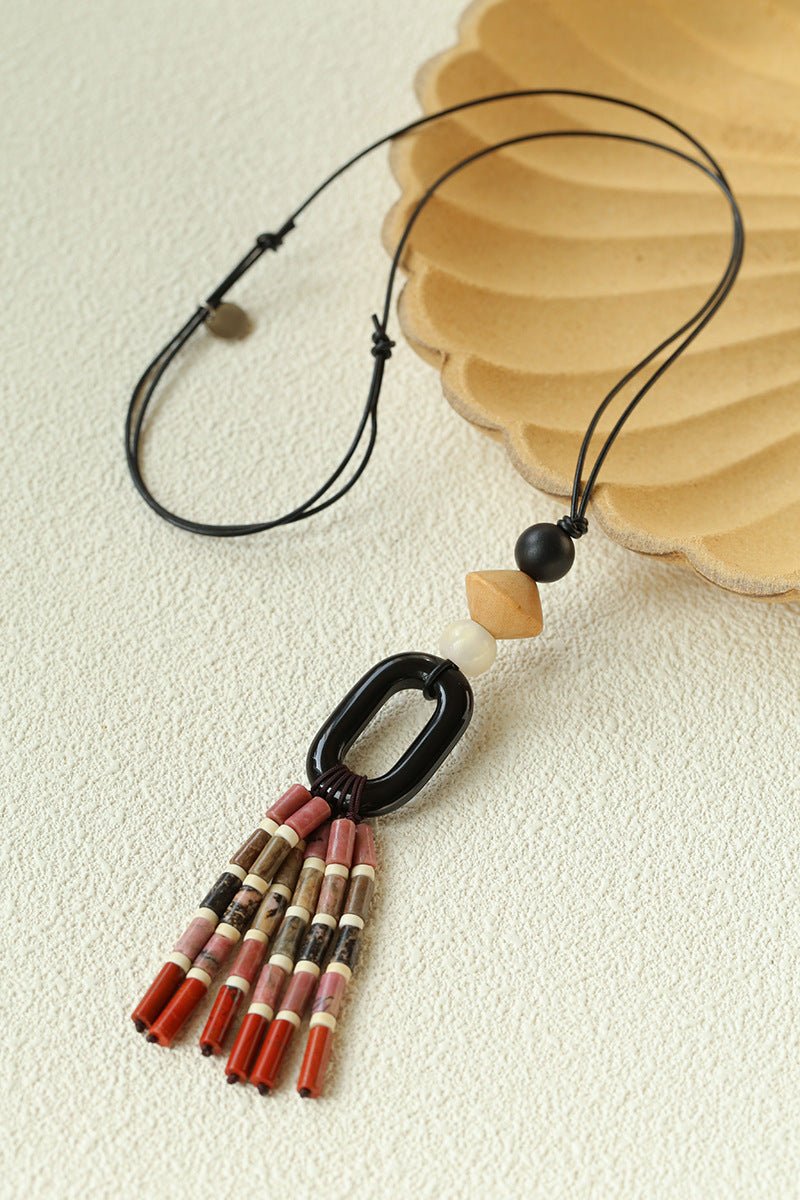 Long Tassel Necklace with Obsidian, Rose Stone & Wood Beads - floysun