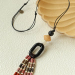 Long Tassel Necklace with Obsidian, Rose Stone & Wood Beads - floysun