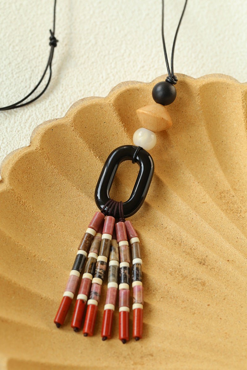 Long Tassel Necklace with Obsidian, Rose Stone & Wood Beads - floysun