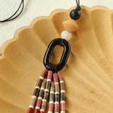 Long Tassel Necklace with Obsidian, Rose Stone & Wood Beads - floysun